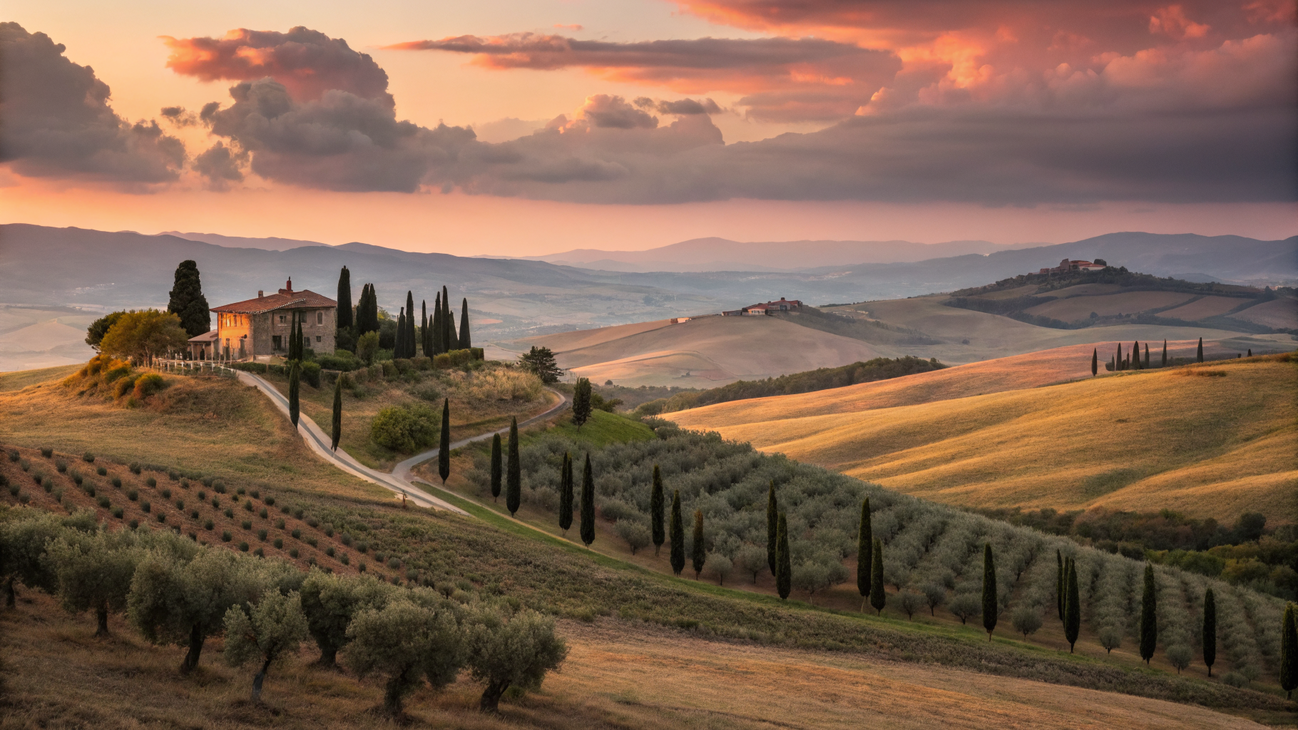 Panoramic view of Castelmuzio village crowned over Tuscan countryside