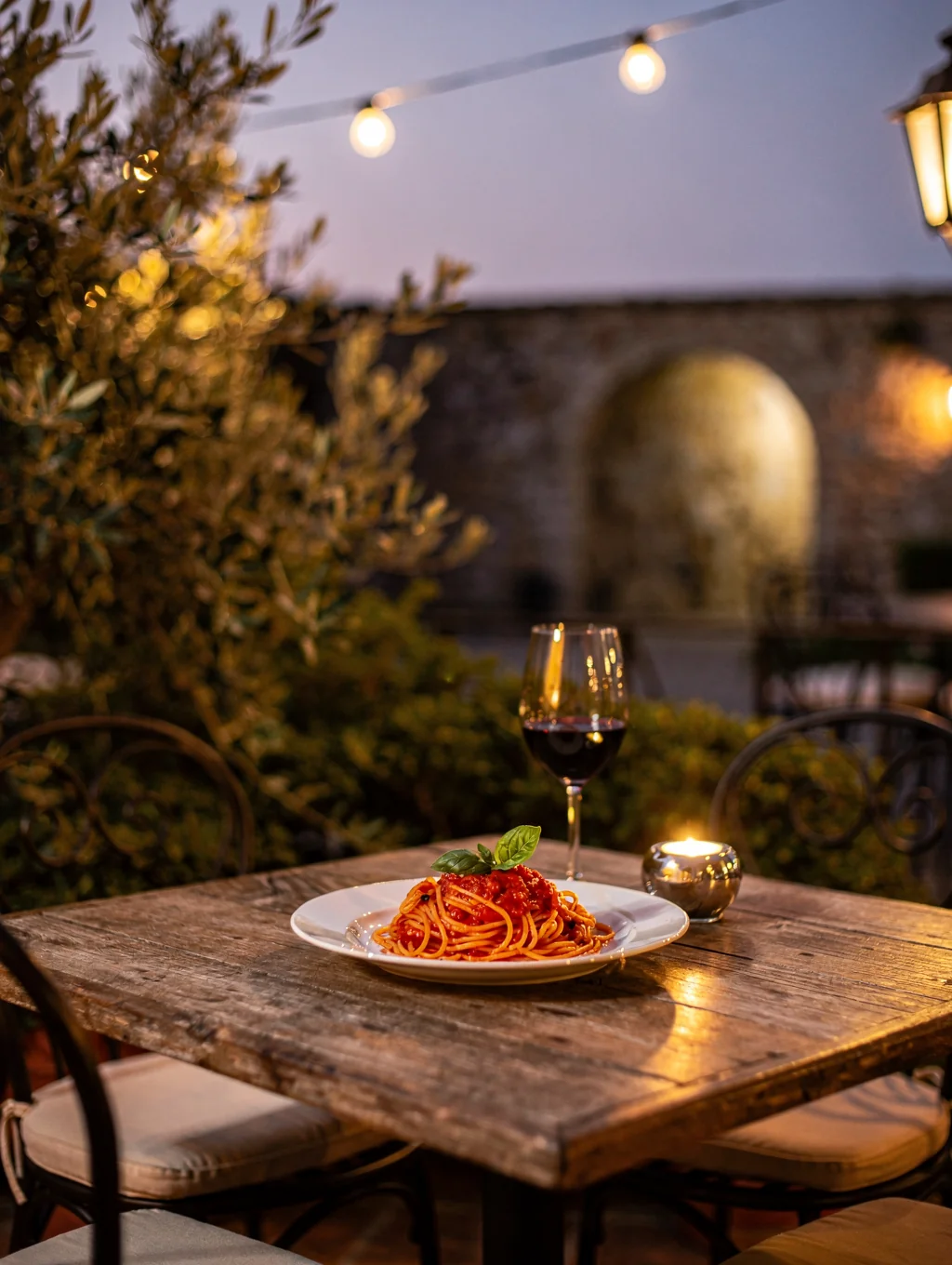 Al fresco Tuscan lunch table set with local wine and olive oil overlooking the view