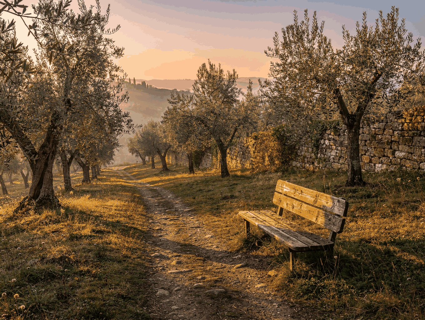 Silvery olive grove bathed in early morning Tuscan sunlight