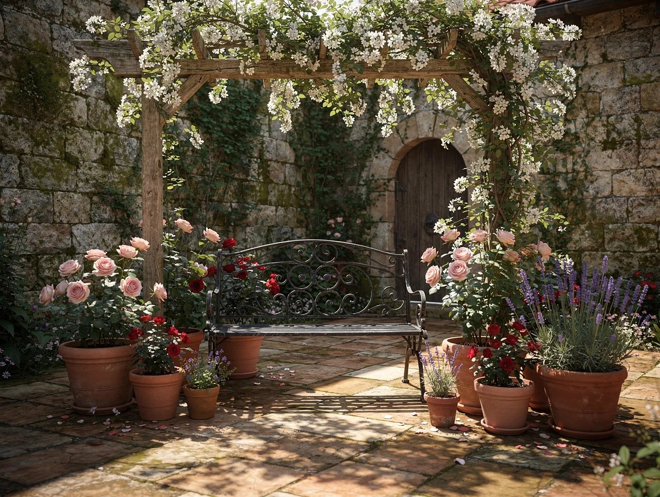 Shaded stone courtyard with flowering pots and wrought iron bench