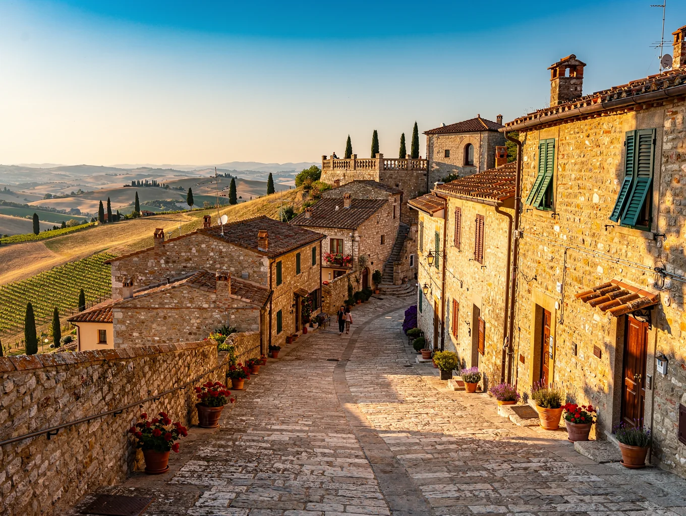 Panoramic view over the stone streets and belvedere of Castelmuzio village in Val d'Orcia