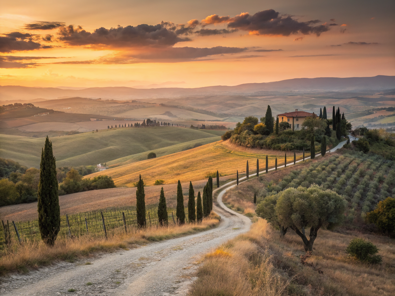 Sunlit Tuscan vineyard path with cypress trees